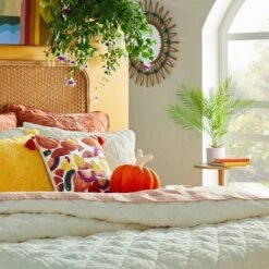 18"x18" Square Cotton Embroidered Harvest Accent Pillow White/Red/Mustard - Opalhouse⢠Designed With Jungalowā¢